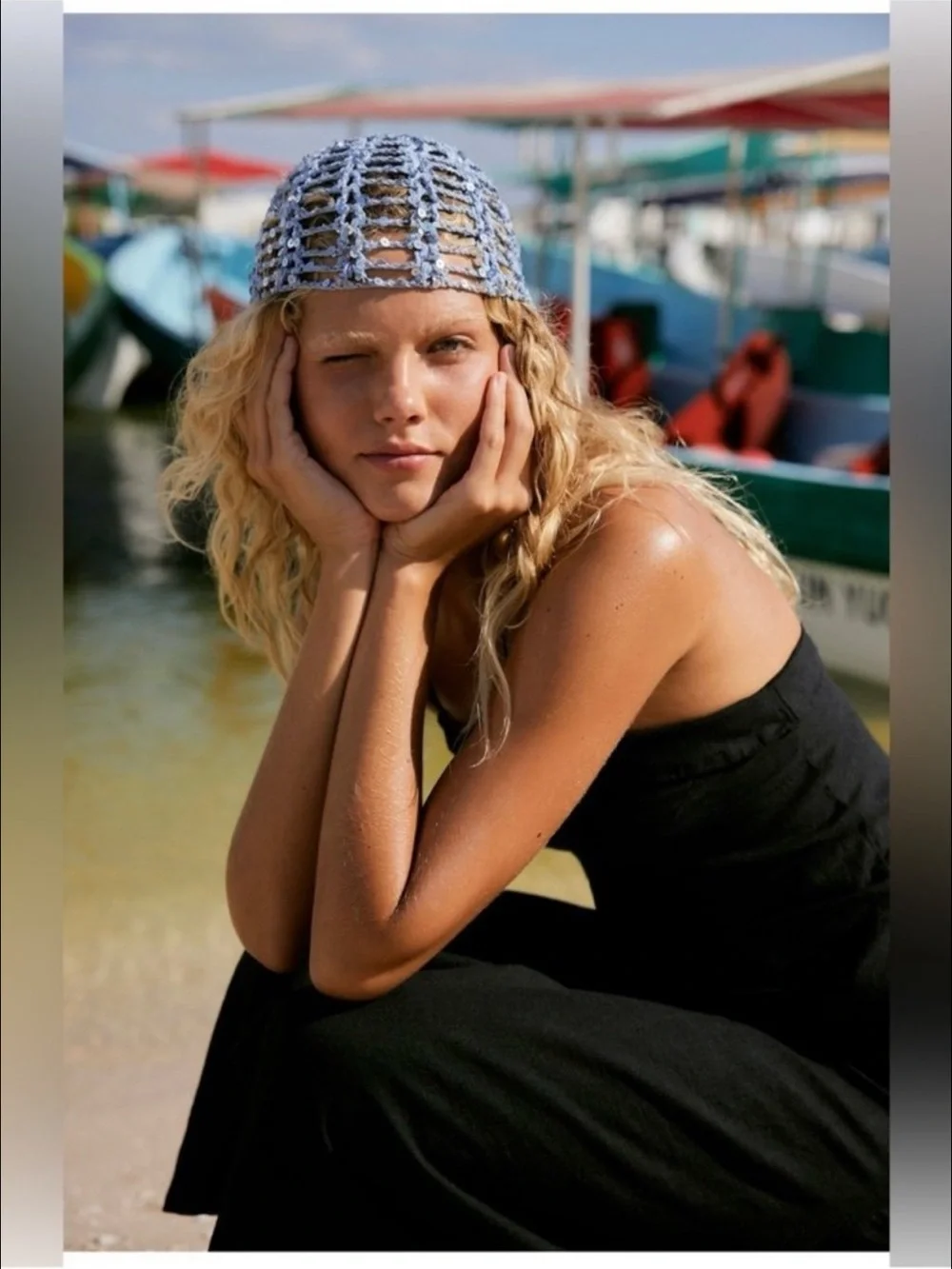 Free People Mika Light Blue Sequin disco Crochet skull cap